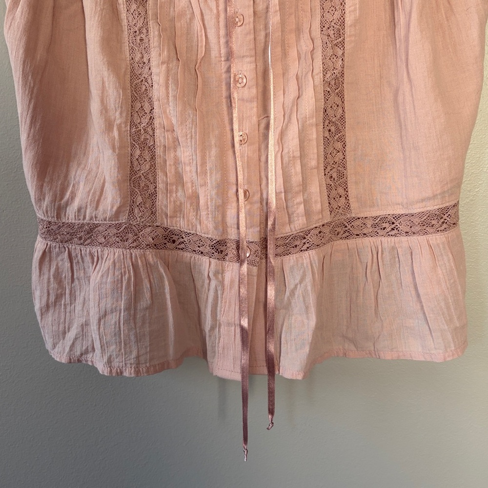 American Eagle Lace Pintuck Button Front Boho Tank Top Small Cami Crop Pink - Picture 4 of 12